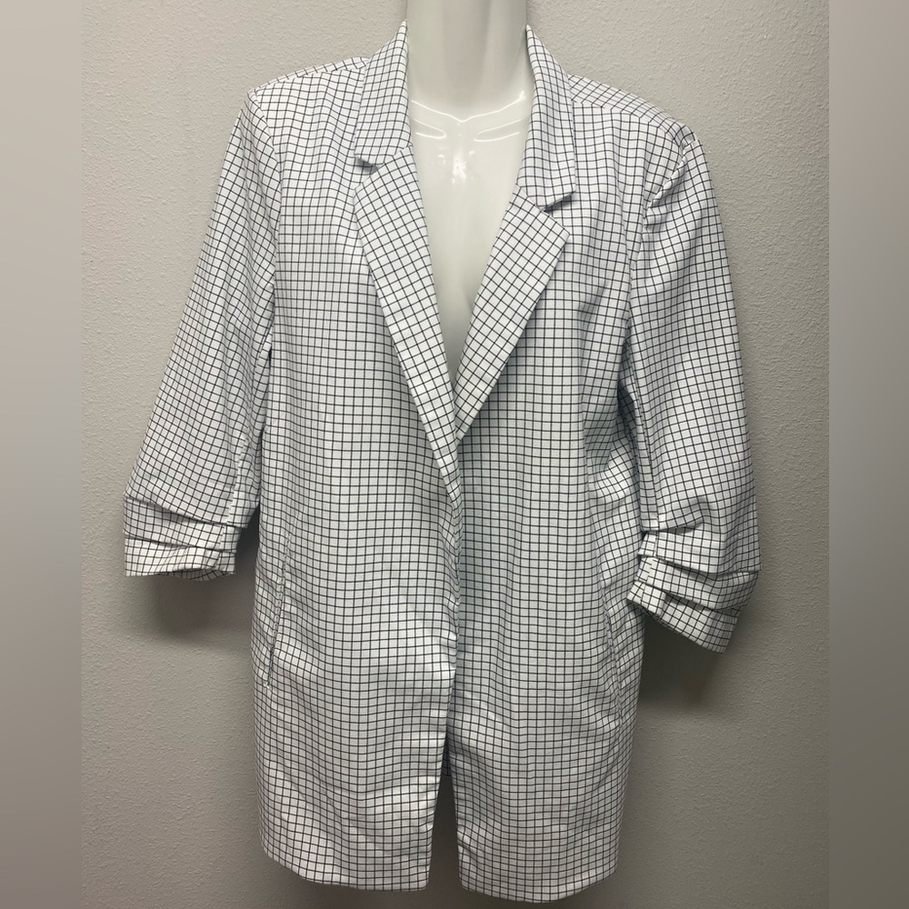 Rachel Zoe Open Front Blazer Women's S White Black Check 3/4 Sleeve Ruche Size L